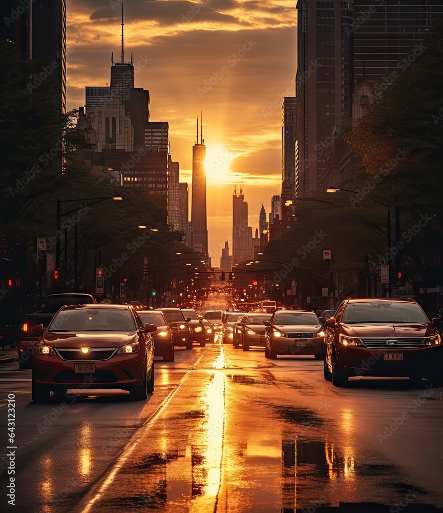 cars driving down the street in the city at sunset with buildings and skyscrapers on either side of the road