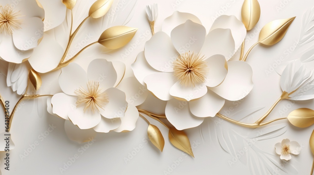 3d  abstract background with white paper flowers and golden leaves, floral botanical wallpaper