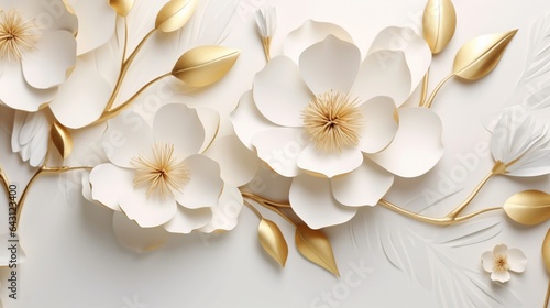 3d  abstract background with white paper flowers and golden leaves  floral botanical wallpaper