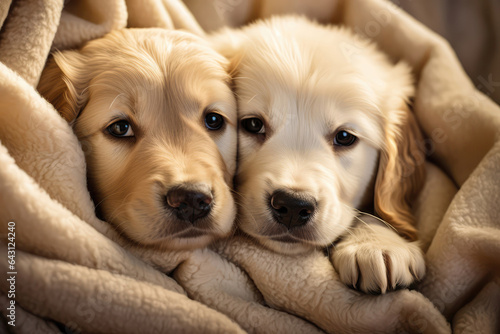 Puppies Sharing Cozy Blanket In Soft Light. Сoncept Puppy Love, Cozy Blankets, Soft Lighting, Cuteness Overload