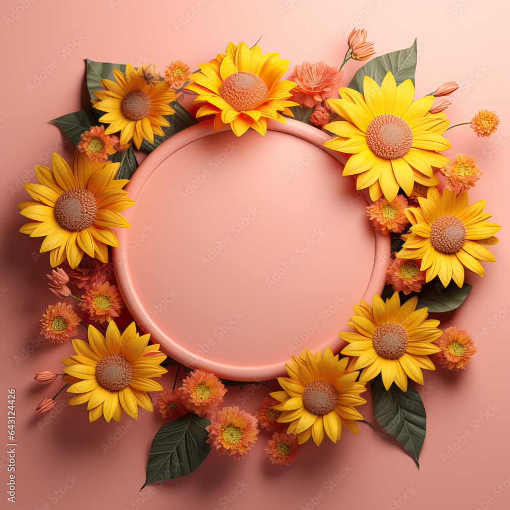 Fototapeta premium blank botanical Circle frame made from sunflowers ,isolated on pink background. Wedding or Valentine's Day concept with copy space, floral design for product display.