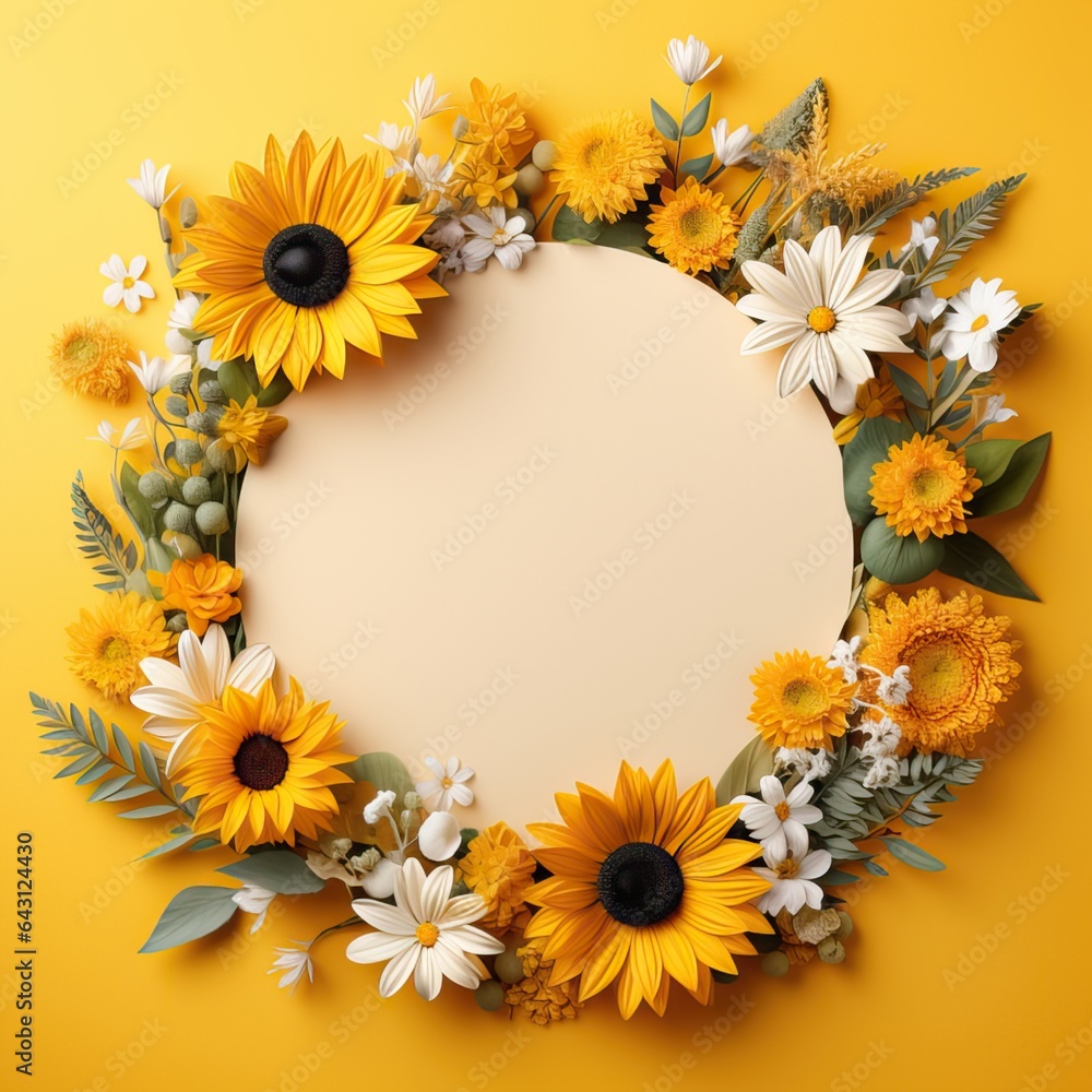 blank botanical Circle  frame made from sunflowers  ,isolated on yellow background. Wedding or Valentine's Day concept with copy space, floral design for product display.