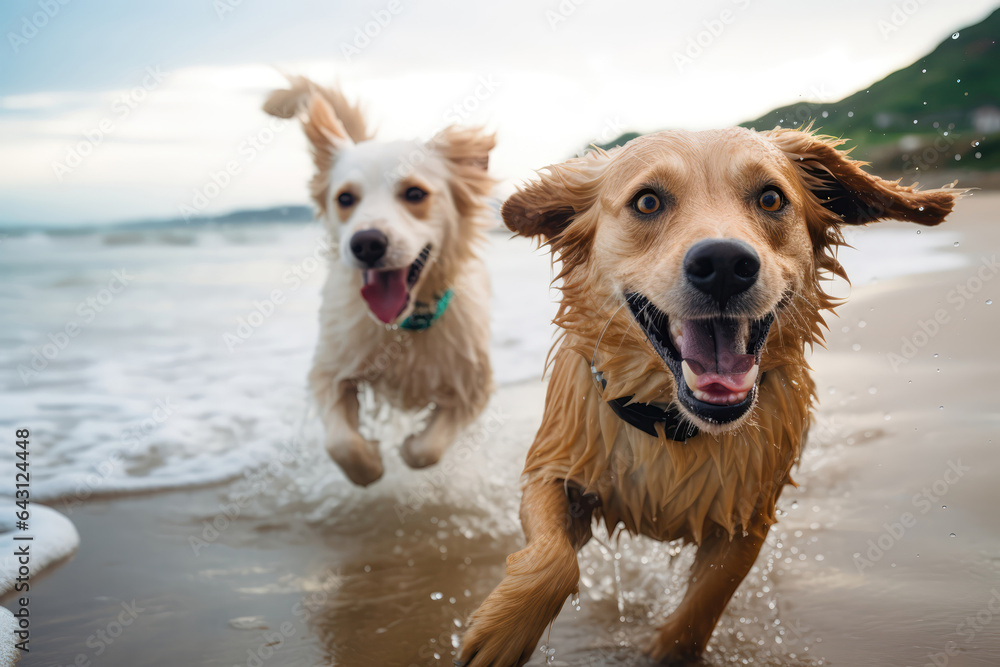Wet Noses Touch During Playful Beach Run. Сoncept Fun On The Beach, Running In The Sand, Wet Noses, Puppy Love