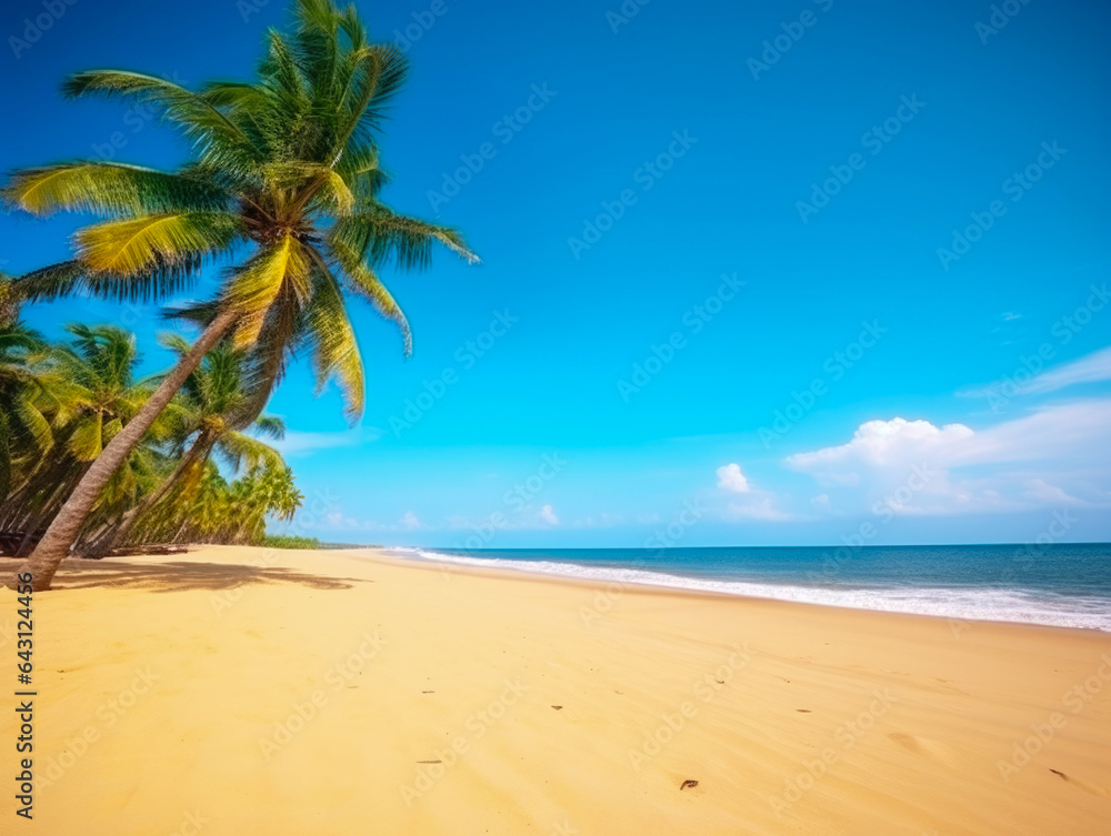 Panoramic view of a sandy beach with palm trees and blue sea or ocean on a summer sunny day. Generated AI