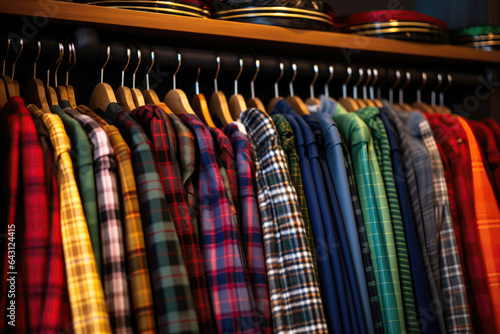 Store Shot Closeup Of Shelves With Folded Plaid Skirts. Сoncept Elevating Visual Merchandising Through Photographic Detail, The Art Of Balancing Clothing Color To Capture Attention photo