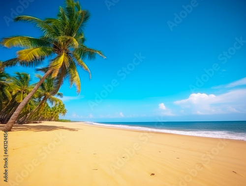 Panoramic view of a sandy beach with palm trees and blue sea or ocean on a summer sunny day. Generated AI