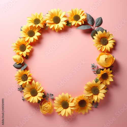 blank botanical Circle  frame made from sunflowers  ,isolated on pink background. Wedding or Valentine's Day concept with copy space, floral design for product display.