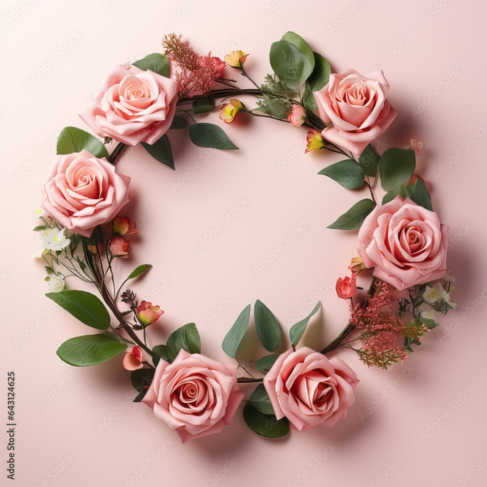blank botanical Circle  frame made from peony flowers ,isolated on pink background. Wedding or Valentine's Day concept with copy space, floral design for product display.