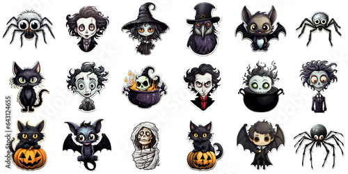 Happy Halloween holiday stickers pack, many creepy color cute Haloween cartoon characters collection spooky scary traditional trendy elements badges symbols set isolated on white background.