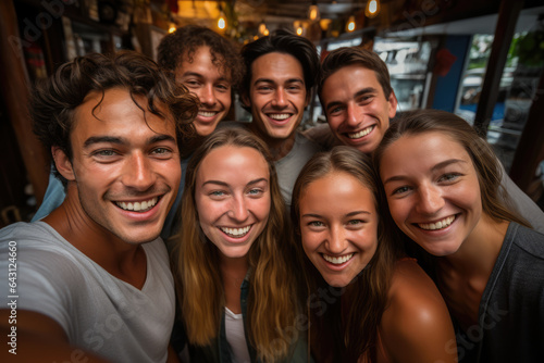 A group of friends taking a selfie together for a social media post, capturing moments of joy. Generative Ai.