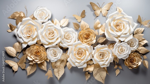 3D view of the 3D wallpaper showing golden roses on a 3D background and golden butterflies