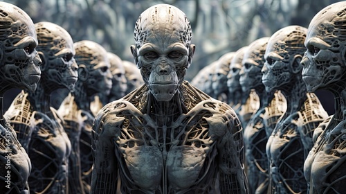 an alien man surrounded by many humanoids, with one looking at the camera as if he's thinking