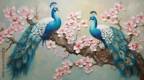 3D wallpaper , oil painting tree branch with flowers , oil painting two peacock with small and large butterflys