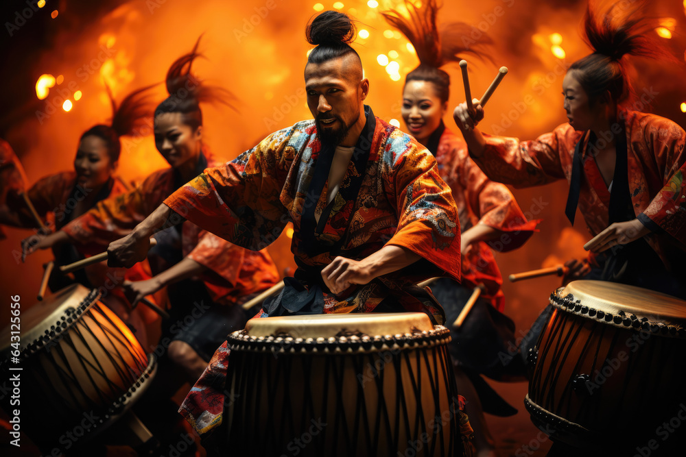 Fototapeta premium A traditional Japanese Taiko drumming ensemble, with performers in vibrant costumes. Generative Ai.