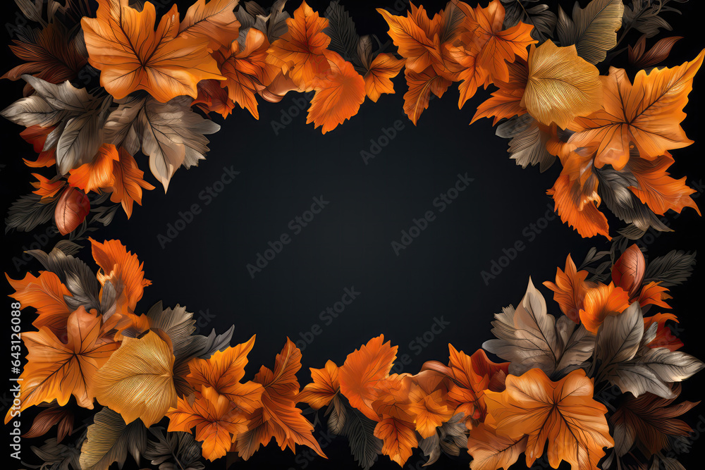Autumn Orange Leaves Frame With Black Background Inside. Сoncept Fall Colors, Nature Art, Orange Leaves, Black Background