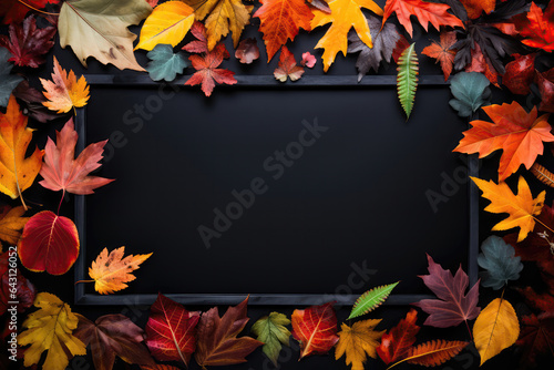 A Black Frame Surrounded By Autumn Leaves. Сoncept Black Frame Decor, Autumn Leaf Decor, Diy Home Decorating, Fall Decorating