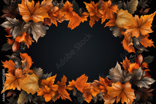 Autumn Orange Leaves Frame With Black Background Inside. Сoncept Fall Colors, Nature Art, Orange Leaves, Black Background