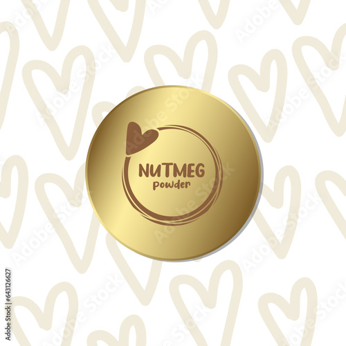 Nutmeg powder sign, muscat, nutty flavour, label, sticker, tag, text design with brown line contour and heart, seamless heart background pattern. Golden background.
