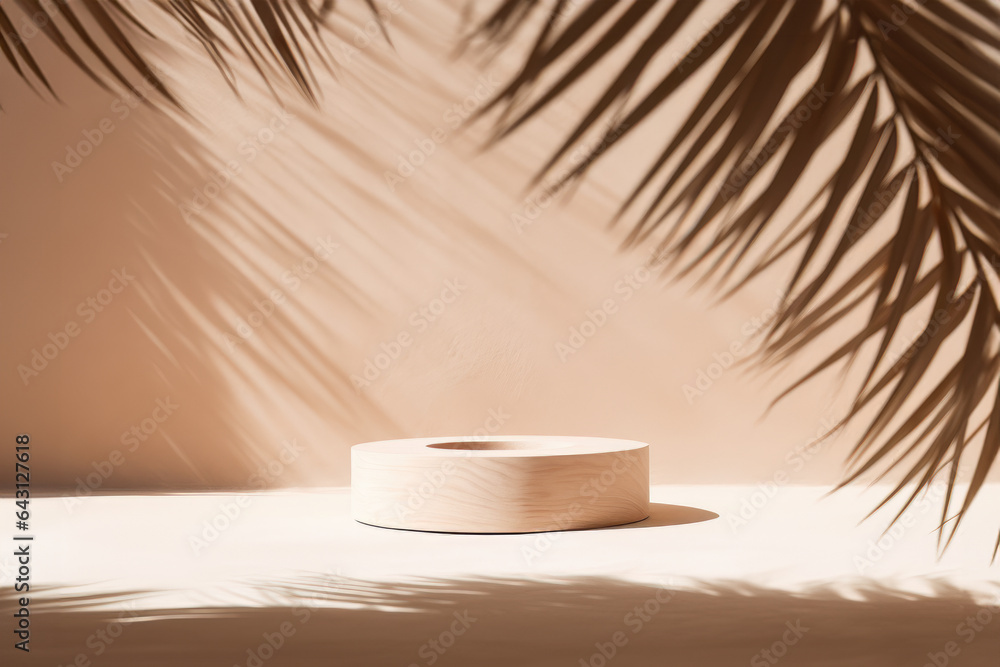 Cylindrical podium on natural palm leaf shadow pastel beige backdrop. Tropical product promotion Beauty cosmetics. Nude Studio Minimal showcase Cylindrical podium on natural palm leaf shadow pastel beige backdrop. Tropical product promotion Beauty cosmetics. Nude Studio Minimal showcase