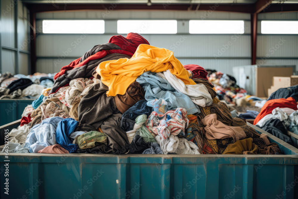 Pile Of Unwanted Garments In Recycling Center Container. Сoncept