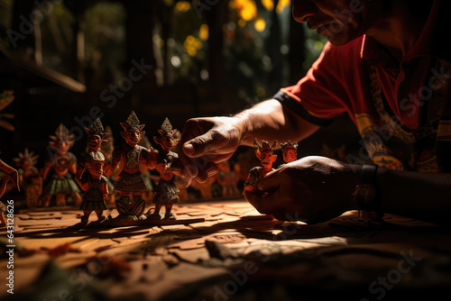 A close-up of a person's hand manipulating shadow puppets to tell stories in a Southeast Asian tradition. Generative Ai.