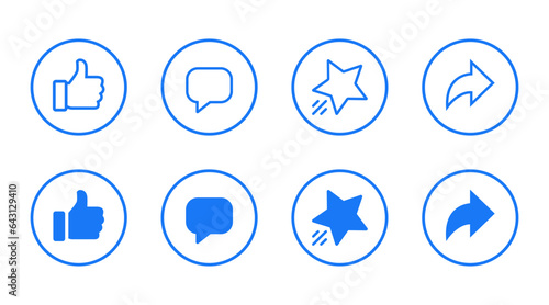 Like, comment, give star, and share icon in circle line. Social media post sign symbol