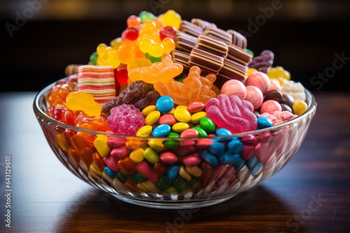Photo of a vibrant display of colourful candy in a glass bowl created with Generative AI technology