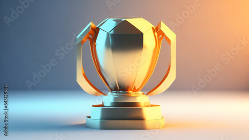 3d render of golden trophy cup on blue background with copy space