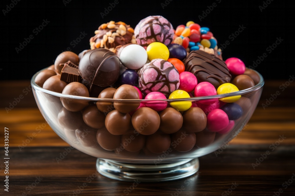 Photo of a colourful assortment of chocolate candies in a glass bowl created with Generative AI technology Photo of a colourful assortment of chocolate candies in a glass bowl created with Generative AI technology
