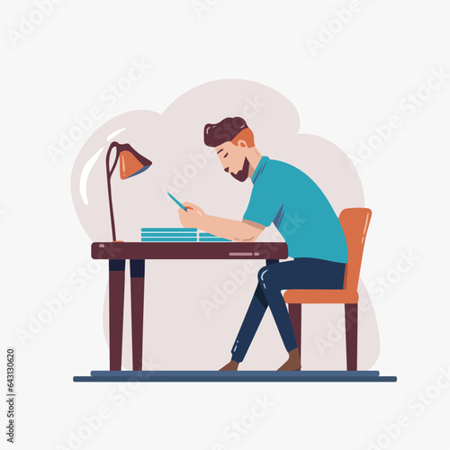 Man Playing Phone in Table with Little Lamp Flat Illustration Design (ID: 643130620)