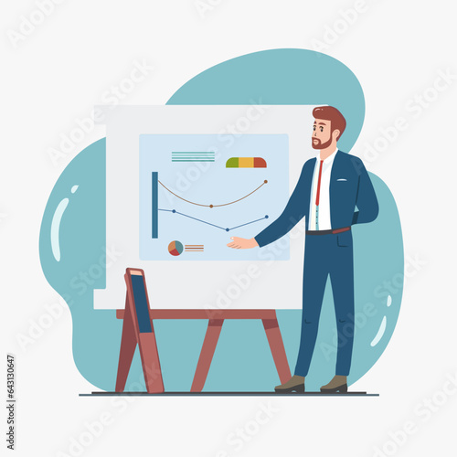Man Wearing Suit Doing Presentation in Office Flat Illustration Design (ID: 643130647)