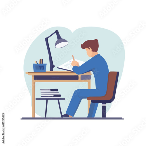 Man Writing on Table Desk Flat Illustration Design (ID: 643130649)