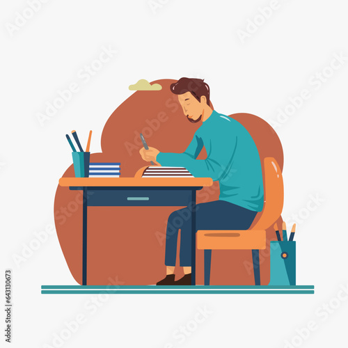 Bearded Man Writing on Table Desk Flat Illustration Design (ID: 643130673)