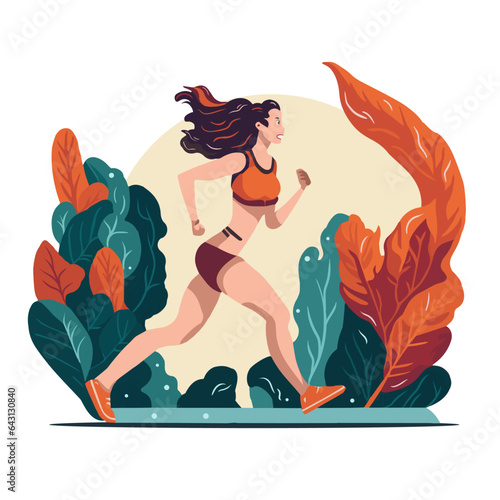Girl Wearing Sport Suit Running With Leaf Background Flat Illustration Design (ID: 643130840)
