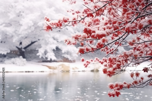 weißer und roter Baum im Schnee am See ,white and red tree in snow by lake