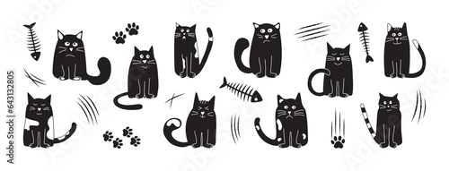 Halloween cute cats, cartoon black doodle animal vector icon, funny pet set, hand drawn silhouettes character. Fish skeleton and cat paw isolated on white background. Gothic illustration