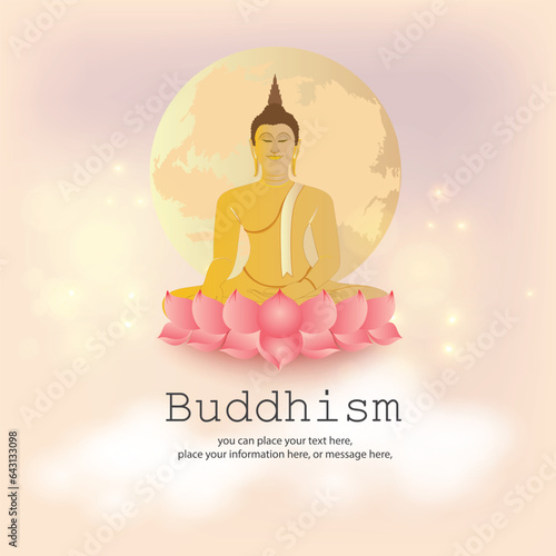 Buddha statue in lotus position. Vesak Day Creative Concept for Card or Banner. Vesak Day is a holy day for Buddhists. Happy Buddha Day Design Vector Illustration