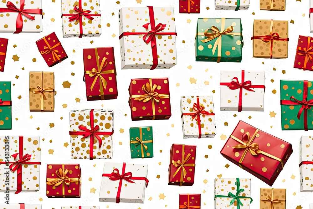 Mix Christmas Gift boxes with ribbons in red, green and gold color on white background, seamless Сркшыеьфыы pattern