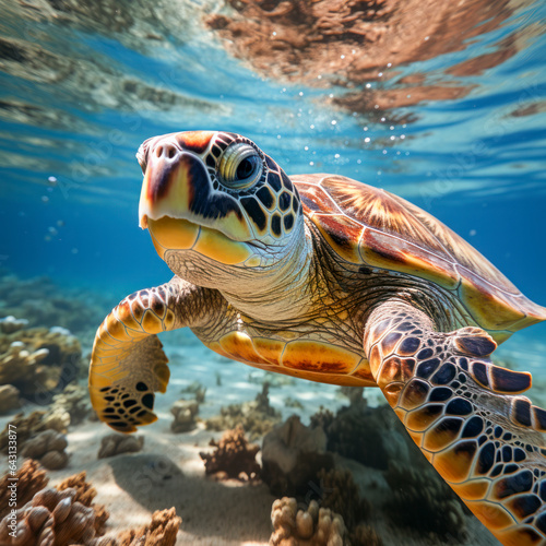 Meeresschildkröte (Cheloniidae) schwimmt im Meer, Unterwasser, Generative KI © pwmotion