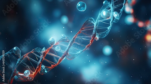 Abstract depiction of DNA and RNA molecules inside a cell on dark background photo