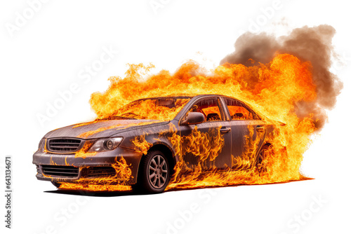 Burning car in flames isolated on transparent Background - high quality PNG