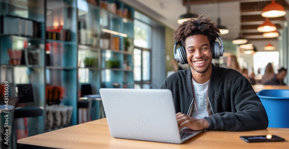 African-American student in front of a computer, engaged in virtual learning through an online platform demonstrating distance education. African-American student in front of a computer, engaged in virtual learning through an online platform demonstrating distance education.