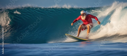 Santa Claus catching a wave on a surfboard in the tropical ocean, Surfing Santa tropical Christmas concept