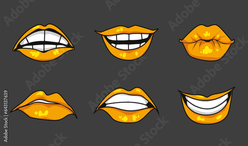 Gold golden kiss glitter female woman lips expression isolated set. Vector flat graphic design illustration