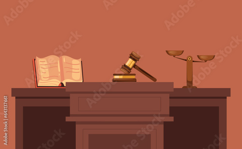 Courtroom court courthouse judge interior podium justice concept. Vector flat graphic design illustration