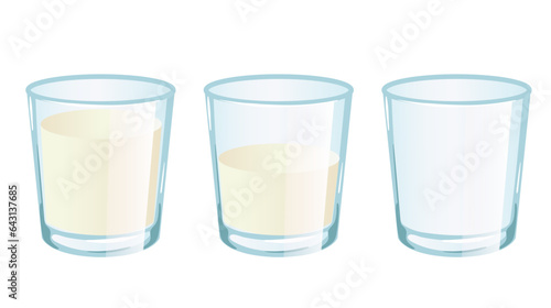 Milk glass full empty half cup isolated concept. Vector flat graphic design illustration

