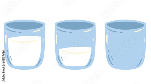 Milk glass full empty half cup isolated concept. Vector flat graphic design illustration
