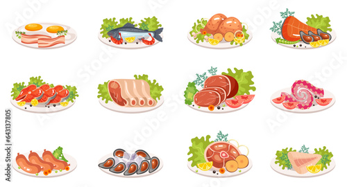 Meat fish dish plate cook menu isolated set. Vector flat graphic design illustration