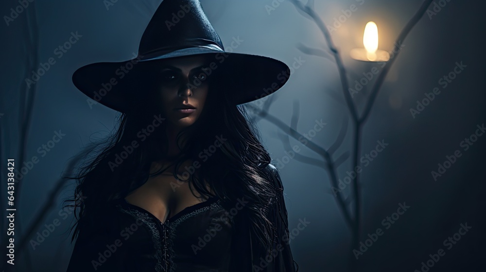 Model portraying a sinister witch, against a backdrop of a foggy, haunted forest Model portraying a sinister witch, against a backdrop of a foggy, haunted forest