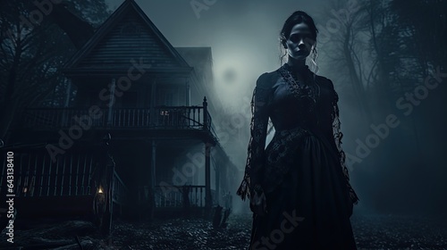 Model portraying a chilling specter, with a backdrop of an old, haunted mansion